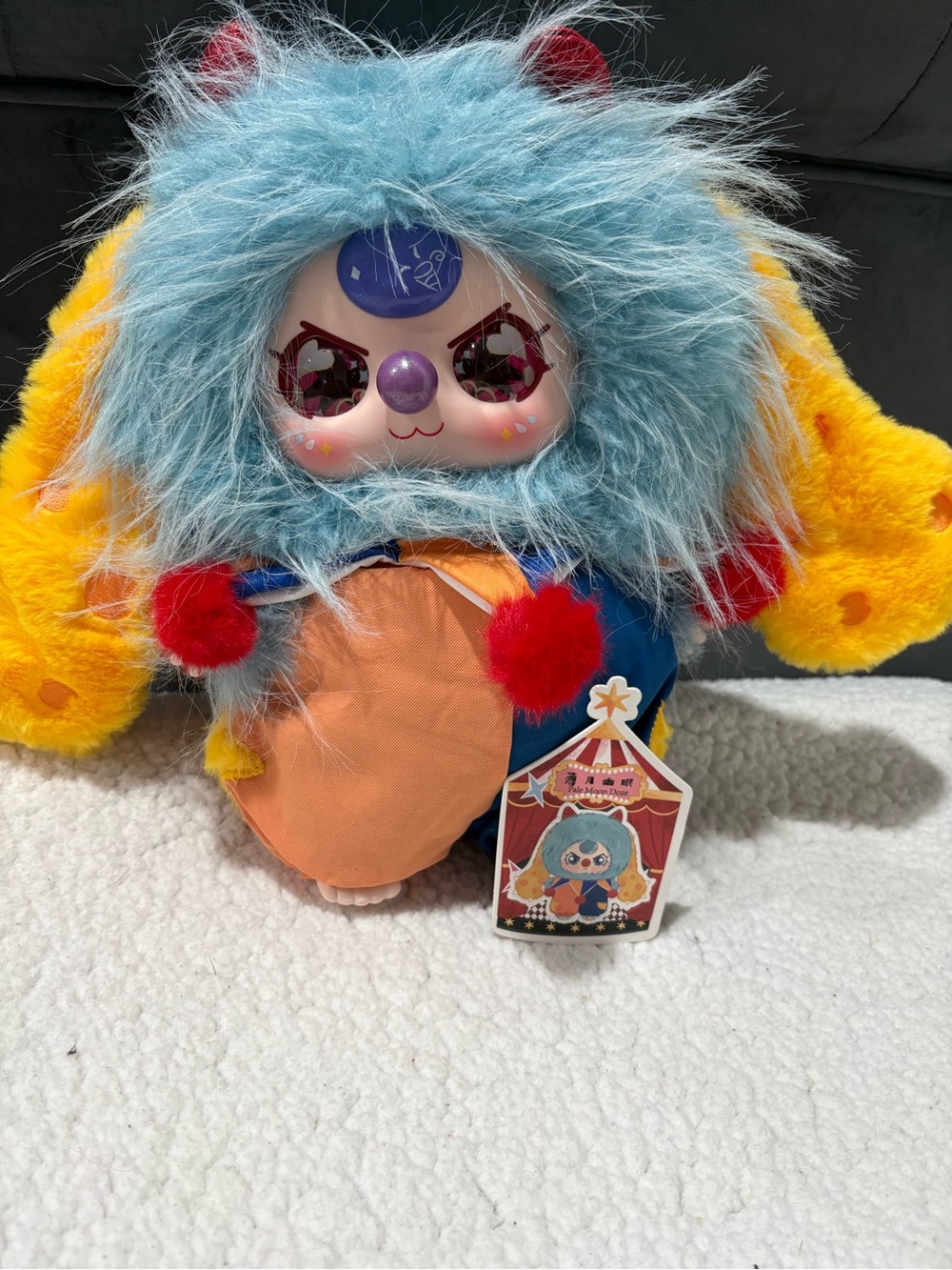 Blue Furry Circus Plush with Yellow Ears and Orange Outfit